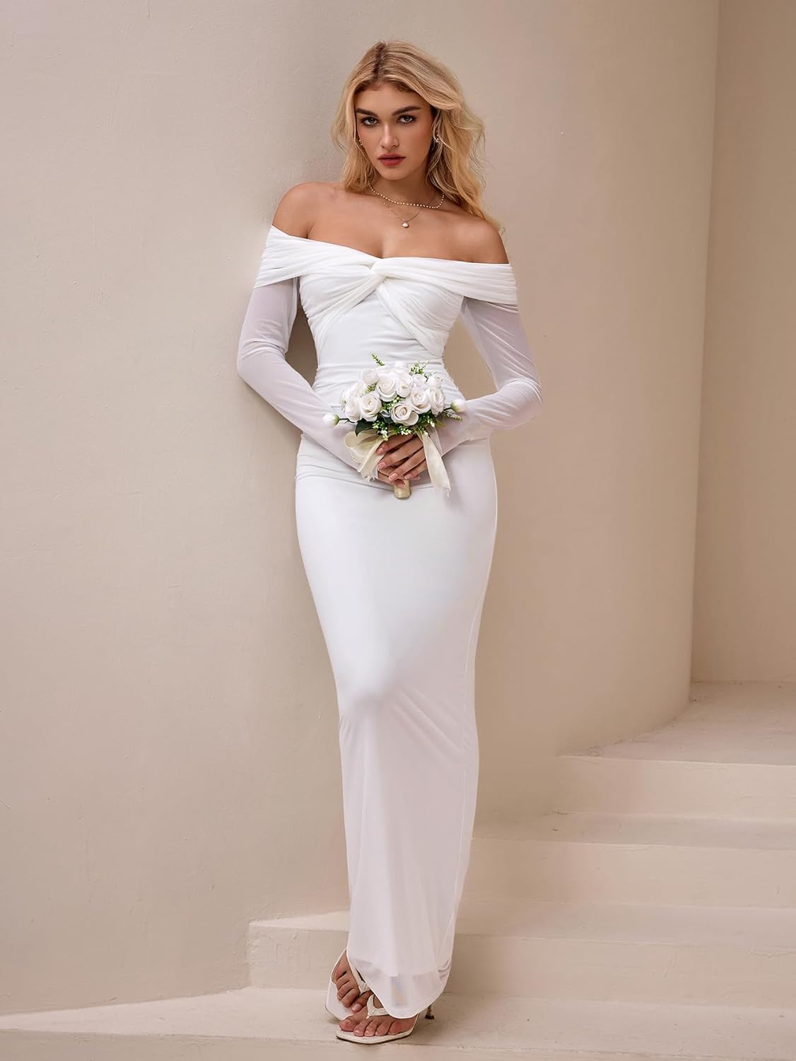 Off Shoulder Long Sleeve Bodycon Maxi Dress Mesh Twist Ruched Wedding Guest Formal Party Fall Dresses for Women