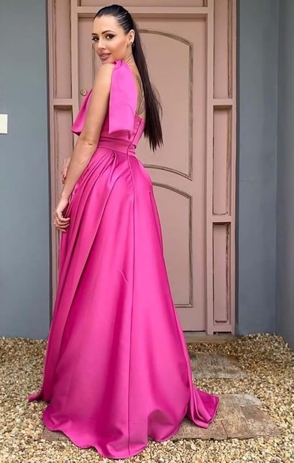One Shoulder Bridesmaid Dresses Ruffles Satin Prom Formal Gowns A Line Wedding Guest Dress with Pockets