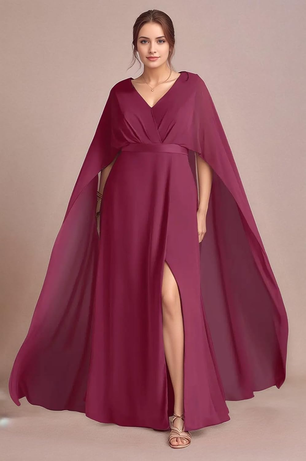 2025 Elegant Cape Sleeve Mother of The Bride Dresses A-Line Long Chiffon V-Neck Wedding Guest Gowns with Slit