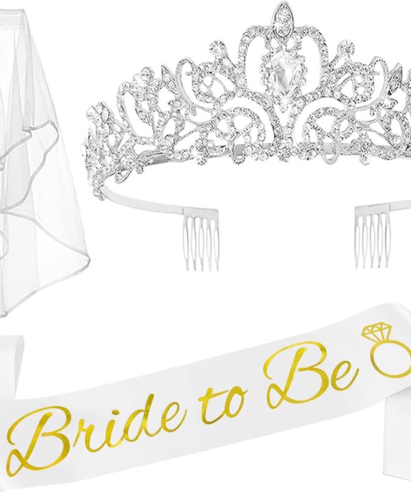 JETKONG 3 Pcs Bachelorette Party Decorations Bridal Shower Crown, Bride to Be Sash&Veil for Women Bachelorette Party Gifts, Bachelorette Party Supplies, Gifts, Favors (Silver)