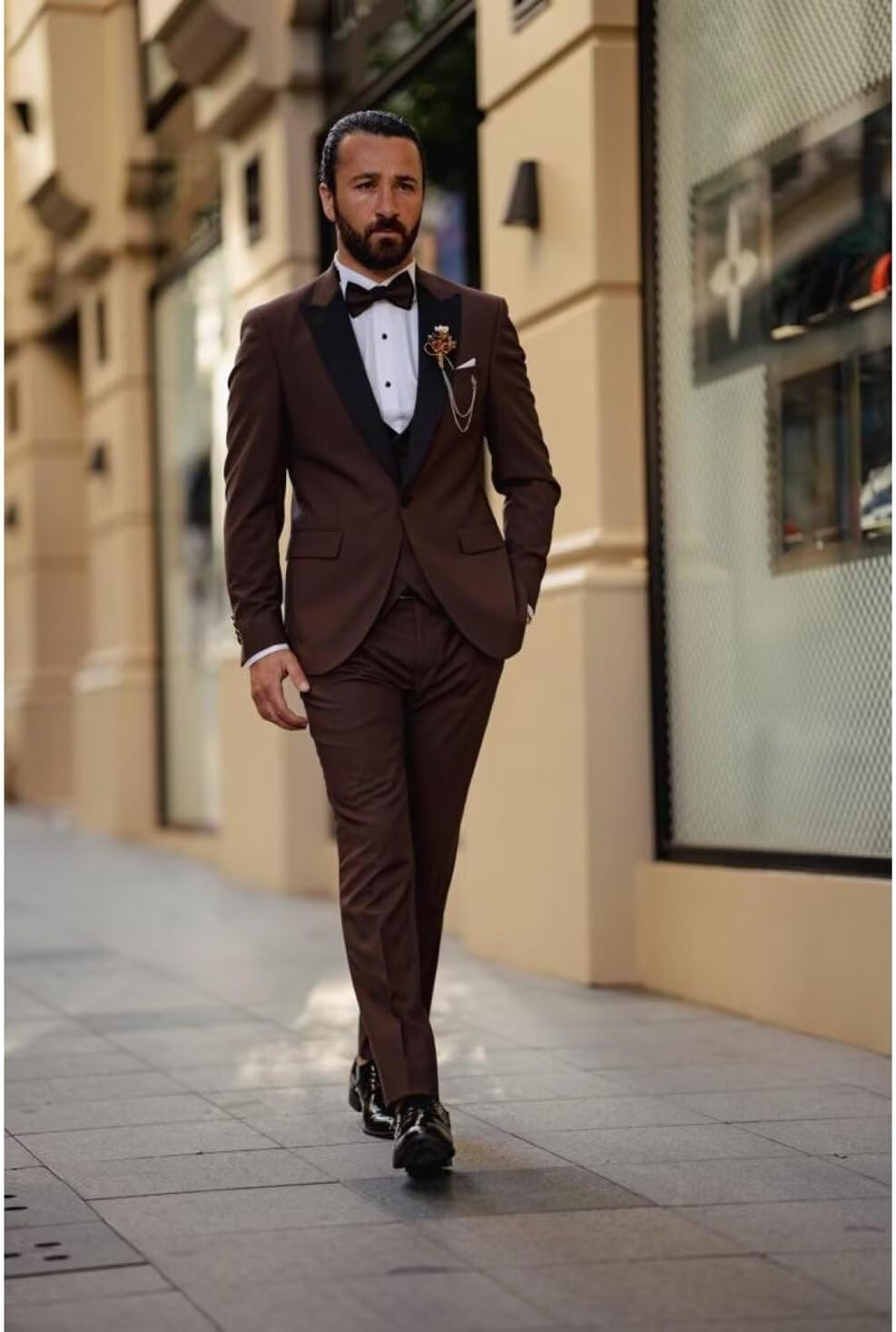 Wangyue Double Breasted Mens Tuxedo Suit Set 3 Piece Wedding Tuxedos for Men Slim Fit Prom Suits Groom Tux with Bow Tie