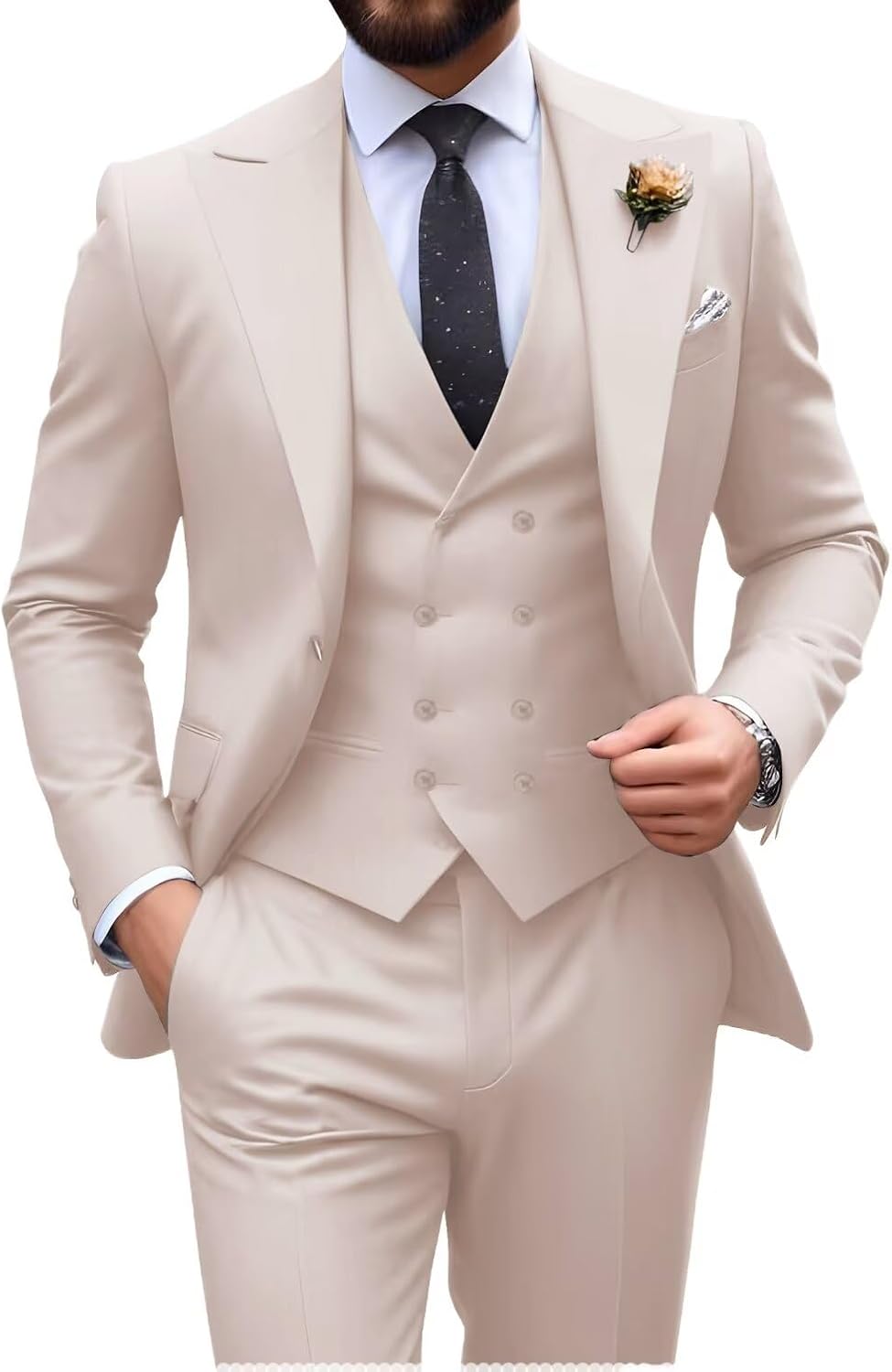 Mens Suit Slim Fit 3 Piece Double Breasted Suit Men Formal Tuxedo Set Casual Wedding Prom Groom Suits