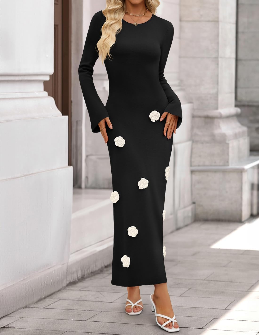 ZESICA Winter Wedding Guest Sweater Dresses for Women 2025 Elegant Formal Long Sleeve Cocktail Midi Dress