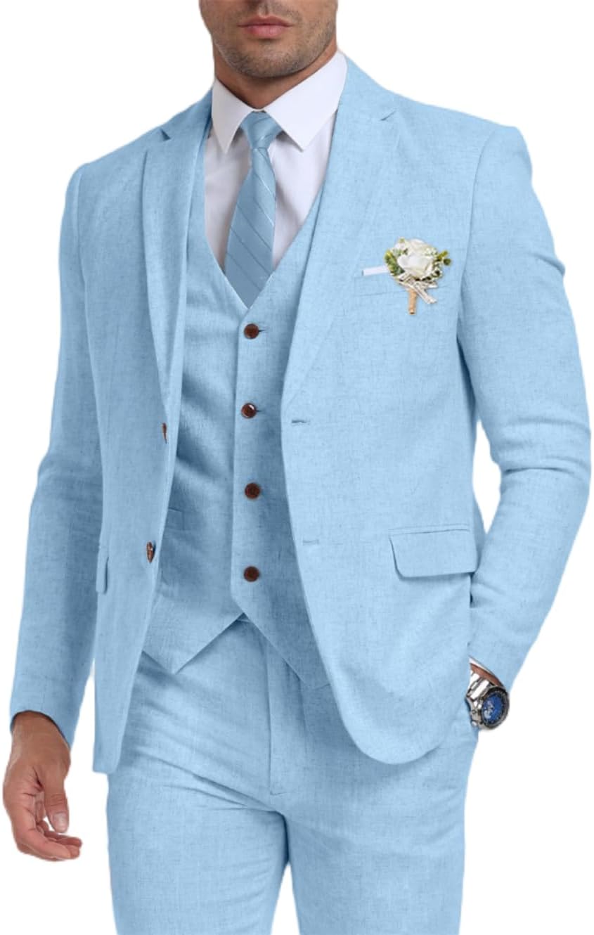 Retro Linen Men's Suit 3 Pieces Slim Fit Linen Prom Wedding Suits Casual Tuxedo Set Groom Jacket Blazer Vest Pants for Men