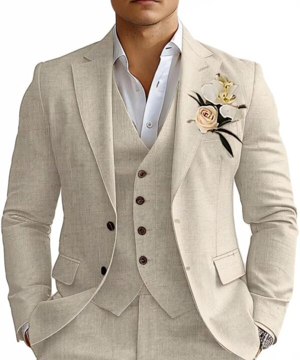 Linen Mens Suits 3 Piece Slim Fit Tuxedo Suit for Men Beach Wedding Formal Business Suit Groom Prom Set Outfits