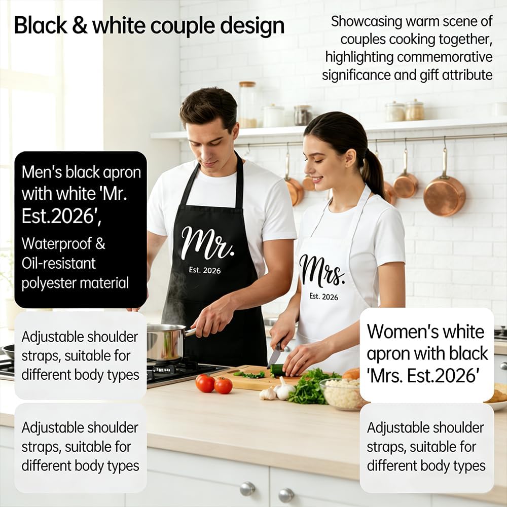Mr Mrs Est 2026 Aprons for Couples Gifts,Funny Kitchen Gifts for Couples,Wedding, Engagement gifts for Couples, Christmas Gifts for Couple, Husband, Wife, Boyfriend, Girlfriend, Him Her-12