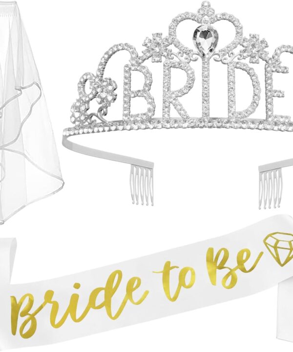 JETKONG 3 Pcs Bachelorette Party Decorations BRIDE Crown, Bride to Be Sash&Veil for Women Bachelorette Party Gifts, Bridal Shower Supplies, Gifts, Favors (Silver)