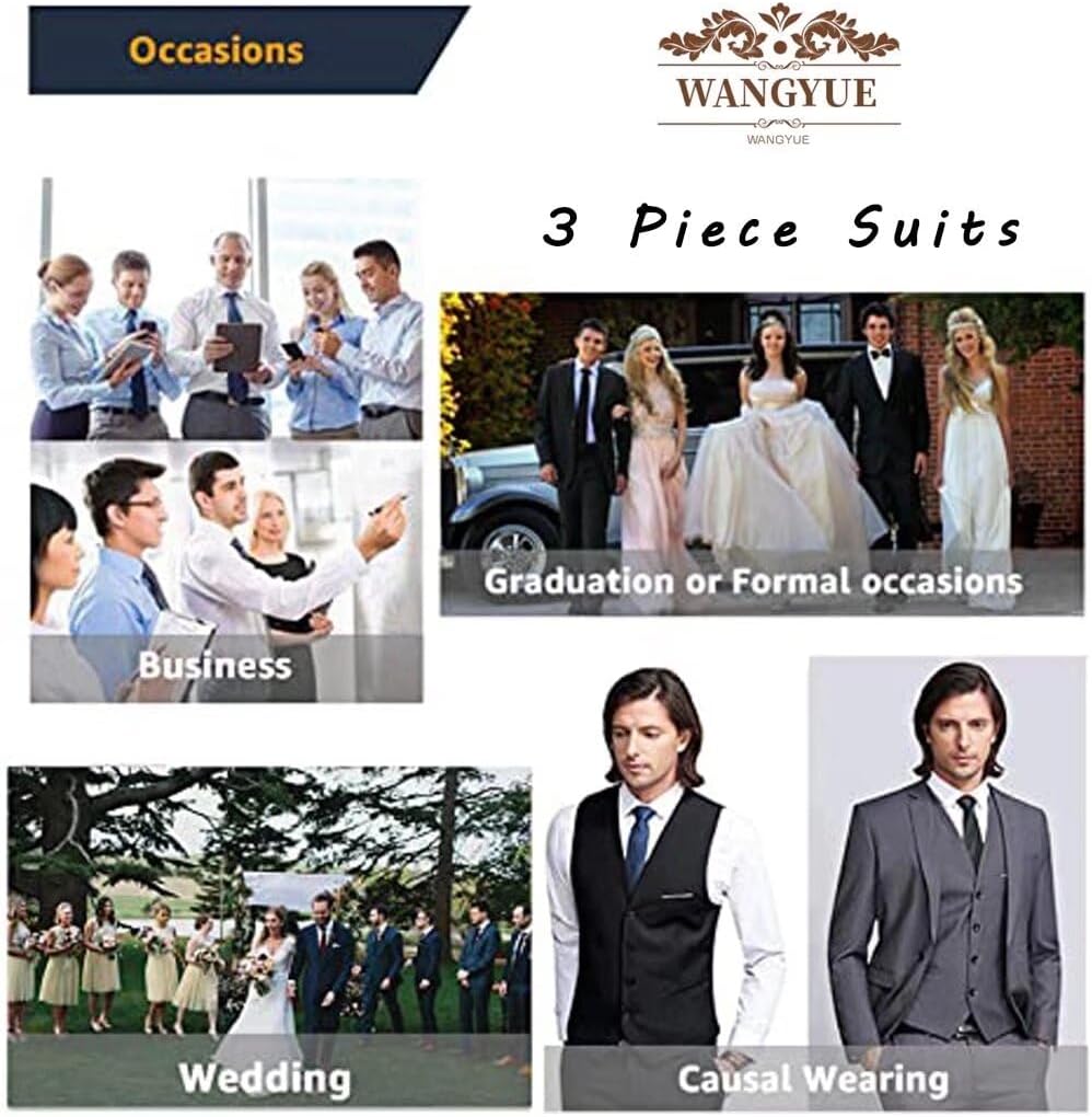 Wangyue 3 Piece Suit Slim Fit Double Breasted Mens Suits for Wedding Party Formal Prom One Button Blazer Vest Pants Sets