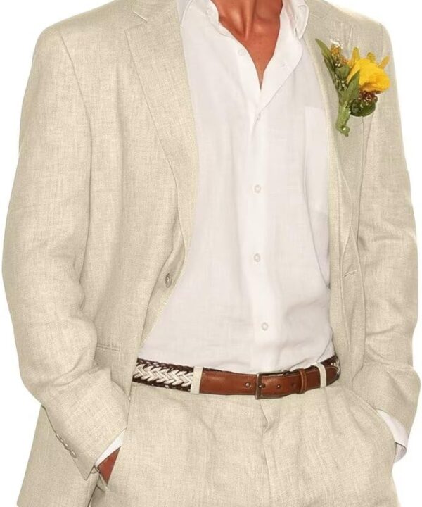 Bofan 2 Piece Linen Suits for Men Slim Fit Casual Beach Wedding Summer Grooms Groomsmen Linen Blazer Pants Suit