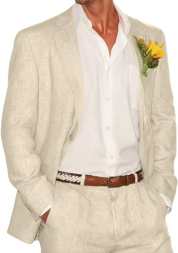 Bofan 2 Piece Linen Suits for Men Slim Fit Casual Beach Wedding Summer Grooms Groomsmen Linen Blazer Pants Suit