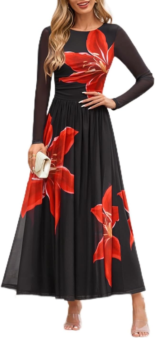 ZESICA Women's Maxi Dress 2026 Fall Long Sleeve Crewneck Floral Print Mesh Ruched Party Wedding Guest Dresses