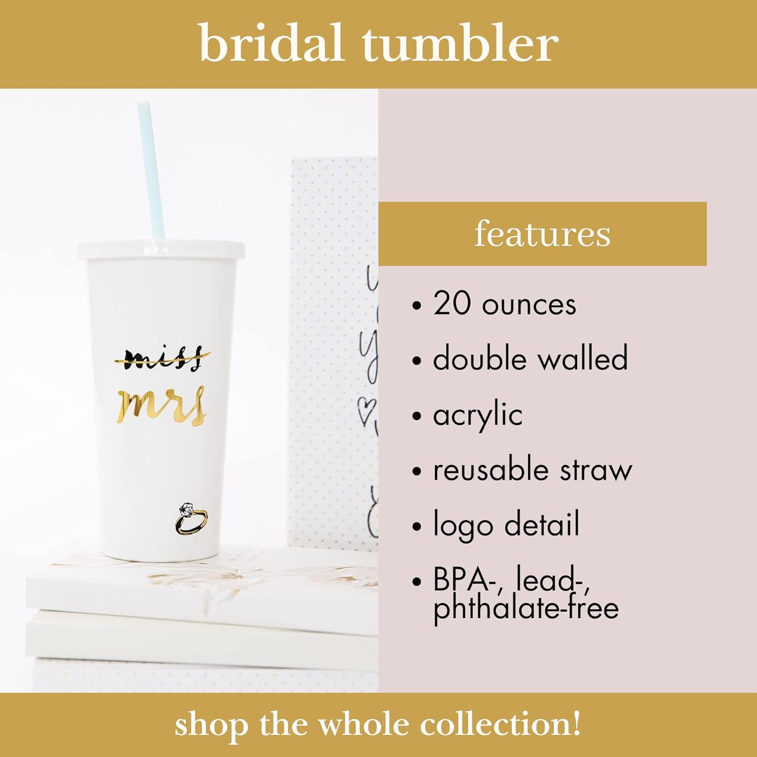 Kate Spade New York Acrylic Bridal Tumbler with Lid and Straw, 20 oz Tumbler for Bride to Be, Slim Double Wall Tumbler, Miss to Mrs. (White)