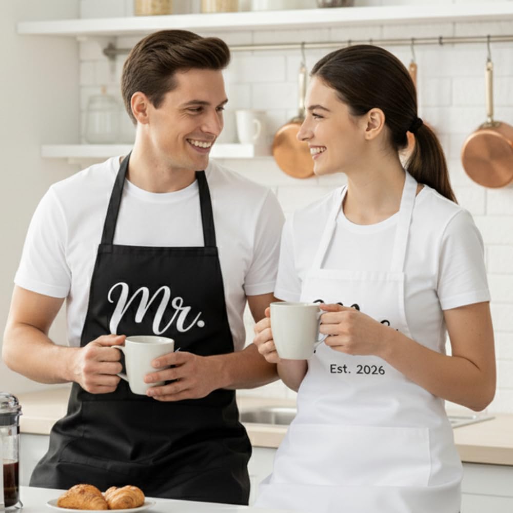 Mr Mrs Est 2026 Aprons for Couples Gifts,Funny Kitchen Gifts for Couples,Wedding, Engagement gifts for Couples, Christmas Gifts for Couple, Husband, Wife, Boyfriend, Girlfriend, Him Her-12