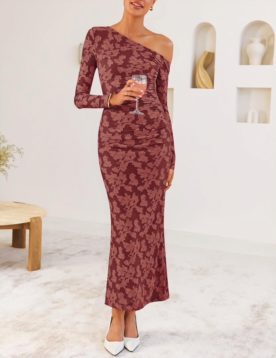 ZESICA Womens Fall Floral Off Shoulder Bodycon Maxi Dresses 2026 Long Sleeve Ruched Elegant Cocktail Party Dress