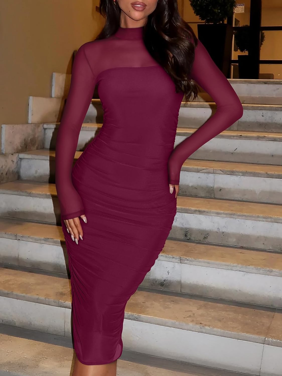 REORIA Womens Fall Mesh Long Sleeve Midi Ruched Bodycon Dress Mock Neck Elegant Club Evening Party Cocktail Dresses