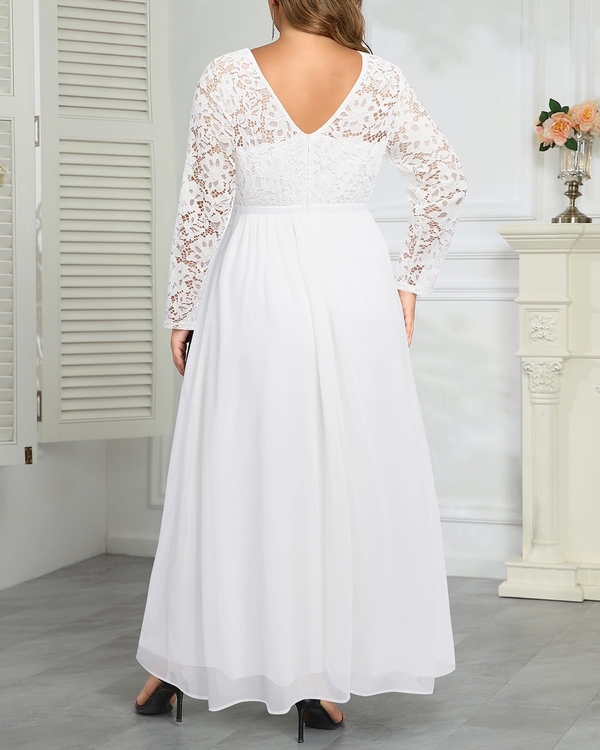 Plus Size Formal Wedding Dresses – Gowns Evening Prom Elegant V Neck Long Sleeve Lace Chiffon Long Maxi Dress