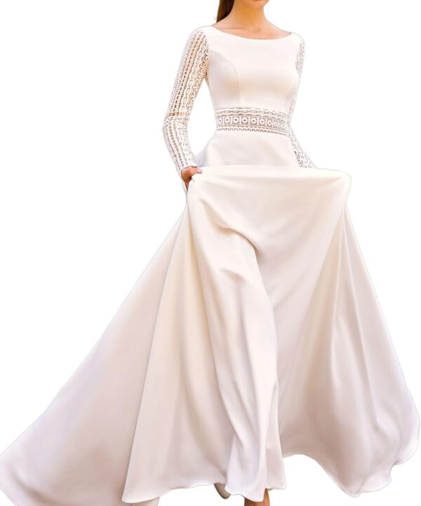 Idan A-line Boat/Bateau Milk Wedding dress