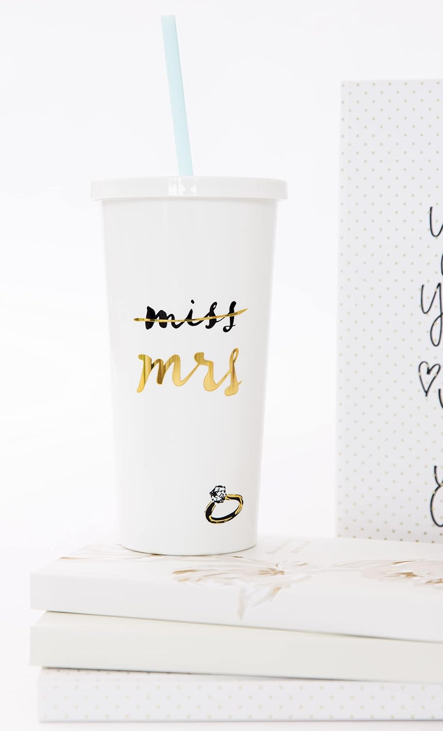 Kate Spade New York Acrylic Bridal Tumbler with Lid and Straw, 20 oz Tumbler for Bride to Be, Slim Double Wall Tumbler, Miss to Mrs. (White)