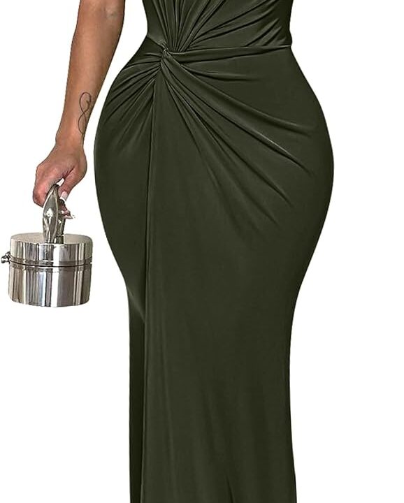 YMDUCH Women's Elegant One Shoulder Sleeveless Twist Waist Bodycon Party Long Dress