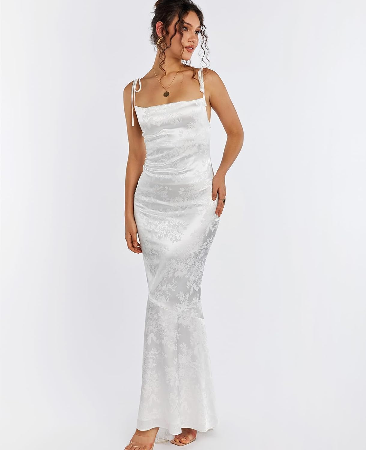 GLNEGE Womens Satin Bodycon Maxi Dress Elegant Formal Spaghetti Strap Cowl Neck Evening Party Dresses