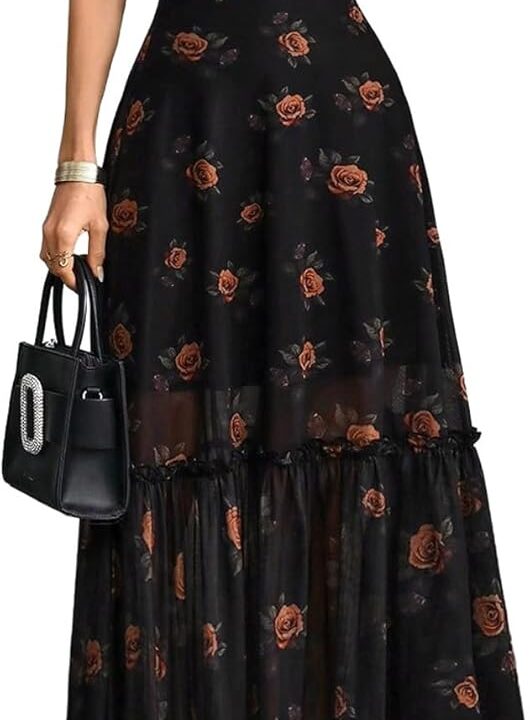 GothDark Women's Summer Floral Mesh Ruffle Dress Short Sleeve Round Neck Waist Cinched Casual Maxi Wedding Guest Dresses