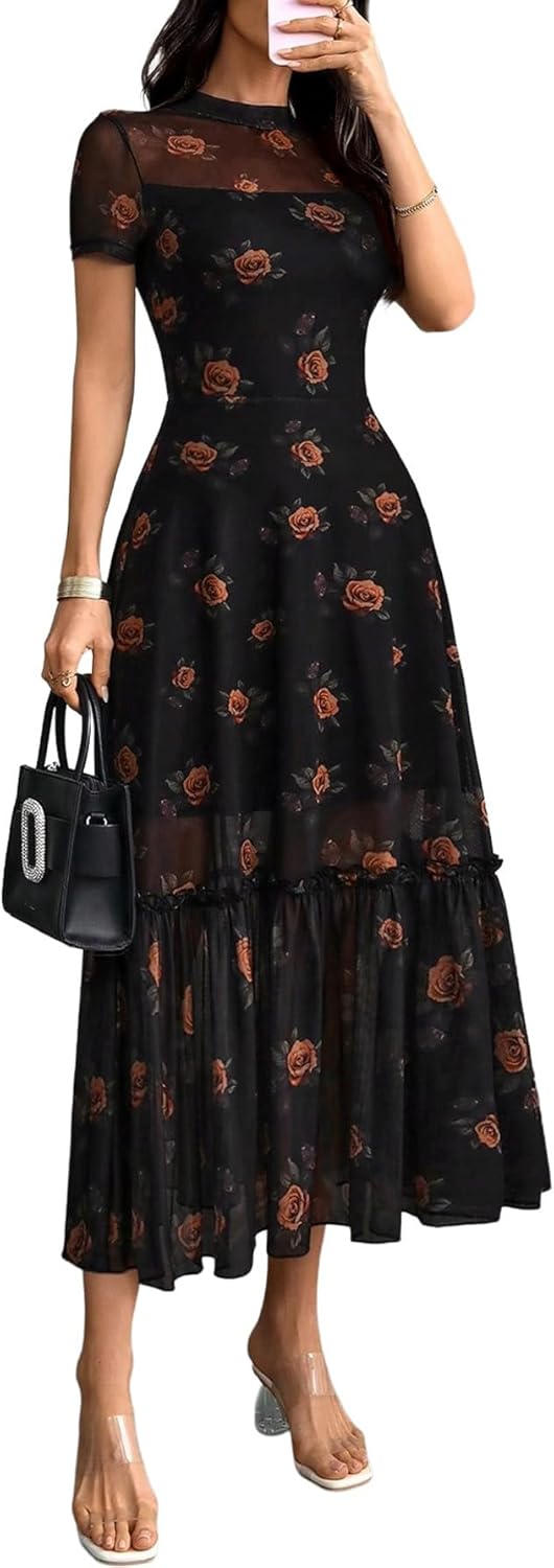 GothDark Women's Summer Floral Mesh Ruffle Dress Short Sleeve Round Neck Waist Cinched Casual Maxi Wedding Guest Dresses