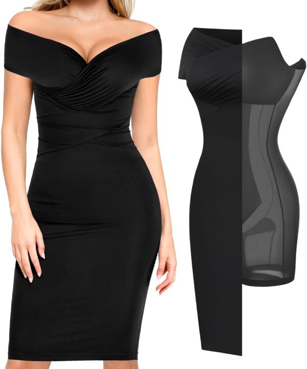 Popilush Women's Shapewear Midi Dress Off Shoulder Wrap V Neck Formal Wedding Guest Cocktail Dresses Bodycon Evening Gowns