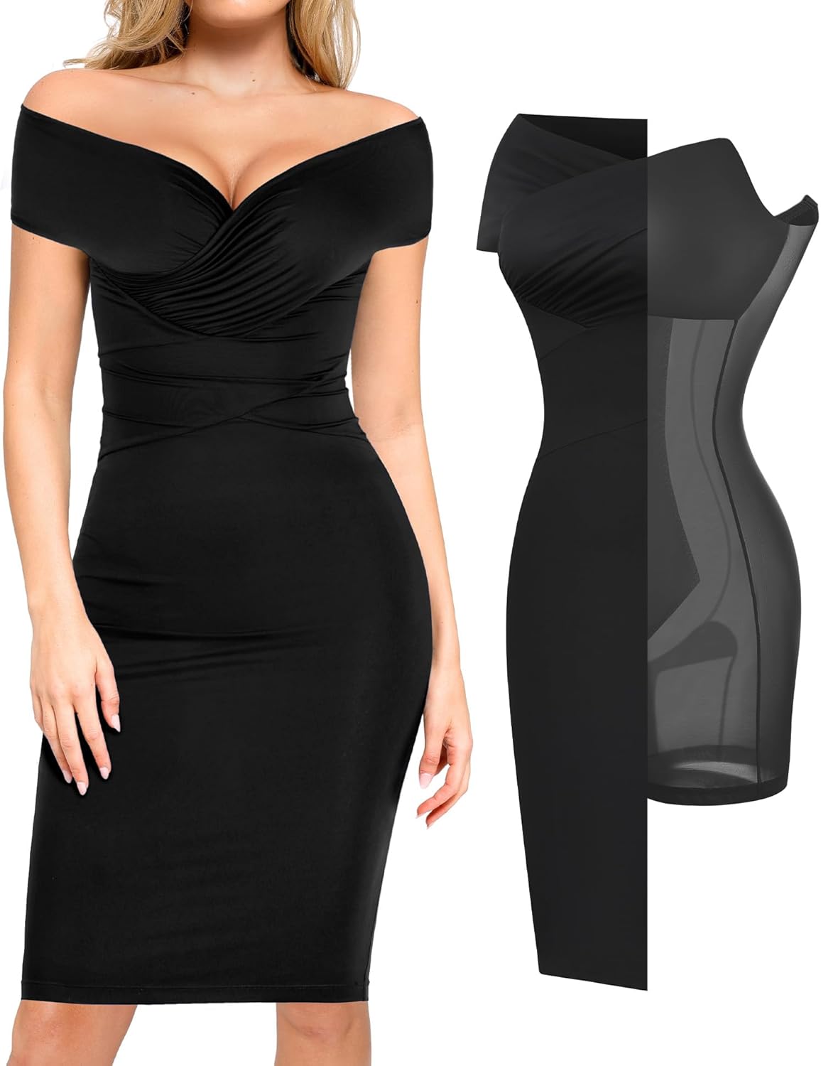 Popilush Women's Shapewear Midi Dress Off Shoulder Wrap V Neck Formal Wedding Guest Cocktail Dresses Bodycon Evening Gowns