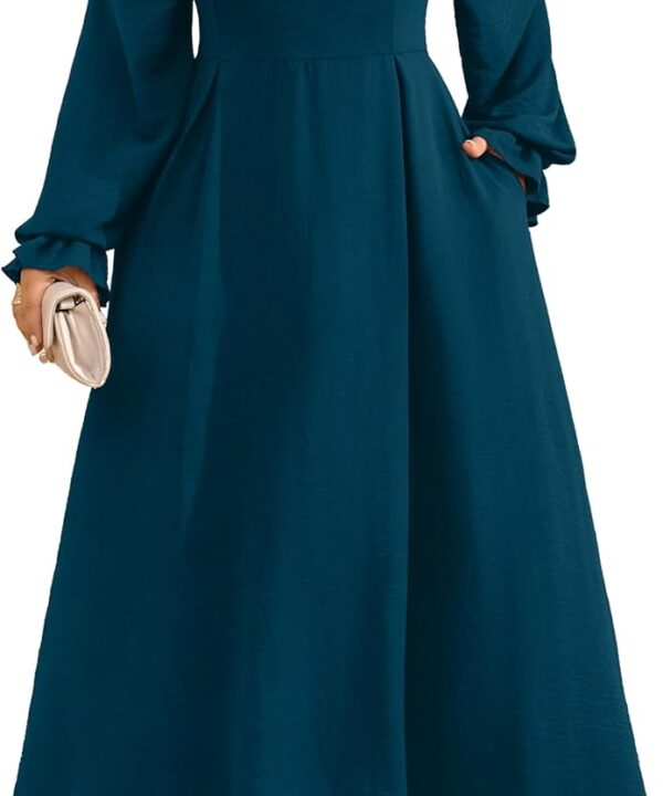 RWJ Long Sleeve Dress for Women 2025 Fall V Neck Elegant Flowy Plus Size Formal Wedding Guest Maxi Dresses with Pockets