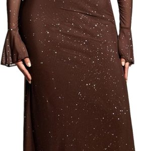 KUTUMAI Women Off Shoulder Bodycon Maxi Dress Long Sleeve Mesh Ruched Party Formal Wedding Guest Dresses