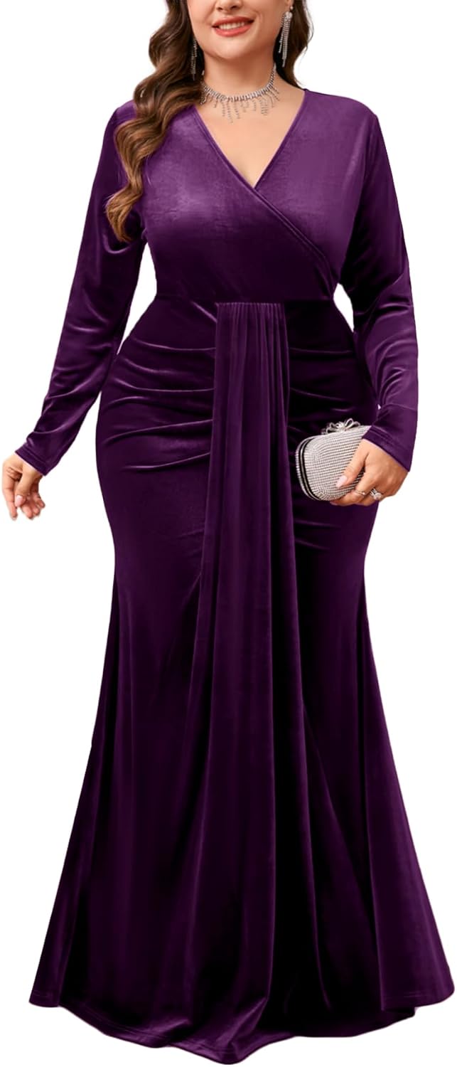 ZOMVA Plus Size Velvet Wrap Dress Long Sleeve V Neck Mermaid Maxi Formal Evening Gowns for Wedding Guest Cocktail Party