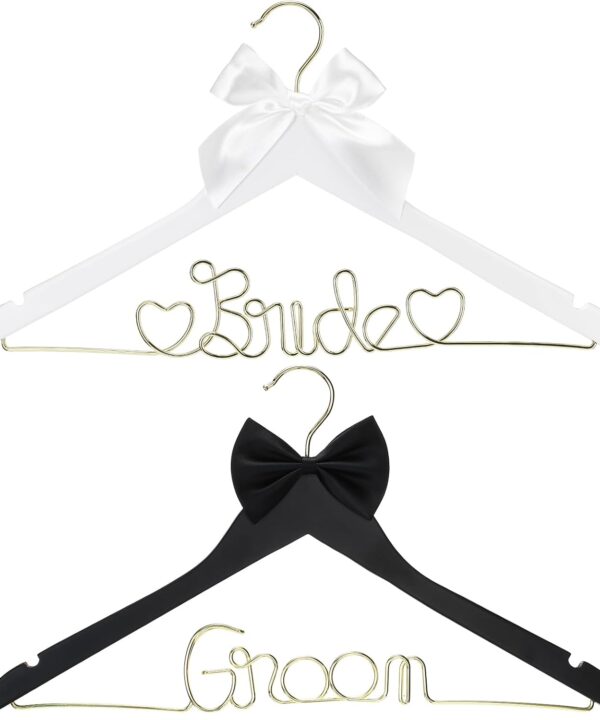 2 Pcs Wire Bride Hanger and Groom Wedding Wooden Hanger with Letter and Bow Tie for Tuxedo Suit Bridesmaid Bridal Wedding Gift Bridal Party Shower