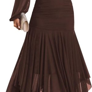 Women's Formal Long Sleeve Maxi Dress Asymmetrical Hem Square Neck Mesh Wedding Guest Cocktail Dresses