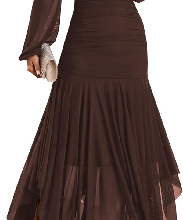 Women's Formal Long Sleeve Maxi Dress Asymmetrical Hem Square Neck Mesh Wedding Guest Cocktail Dresses