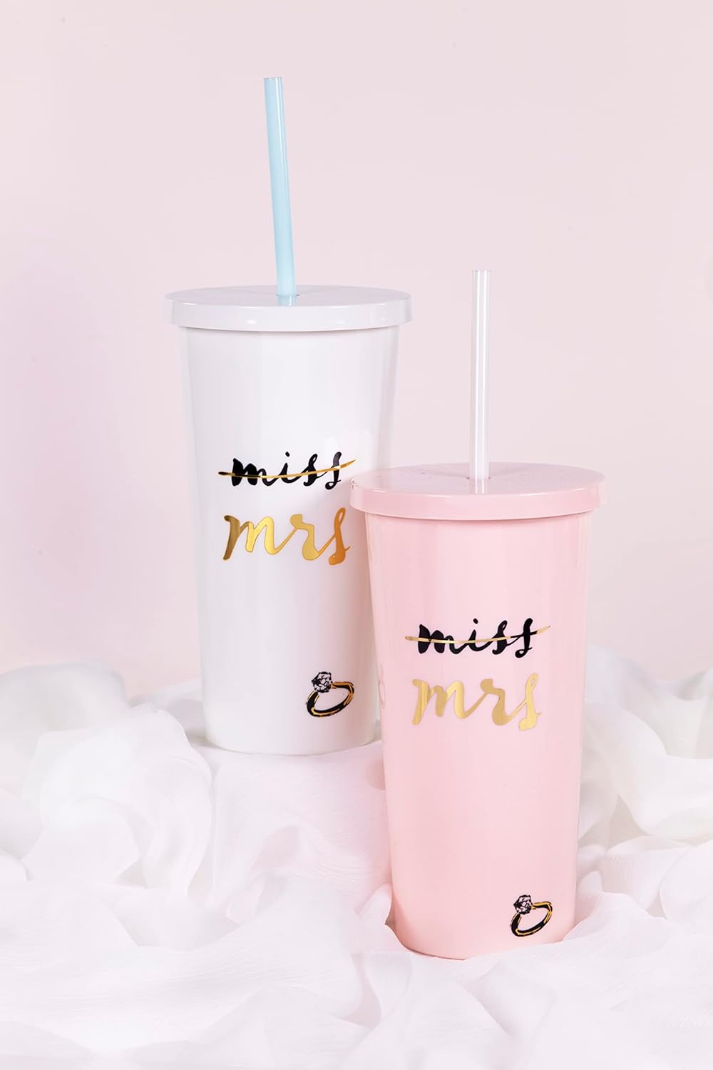 Kate Spade New York Acrylic Bridal Tumbler with Lid and Straw, 20 oz Tumbler for Bride to Be, Slim Double Wall Tumbler, Miss to Mrs. (White)