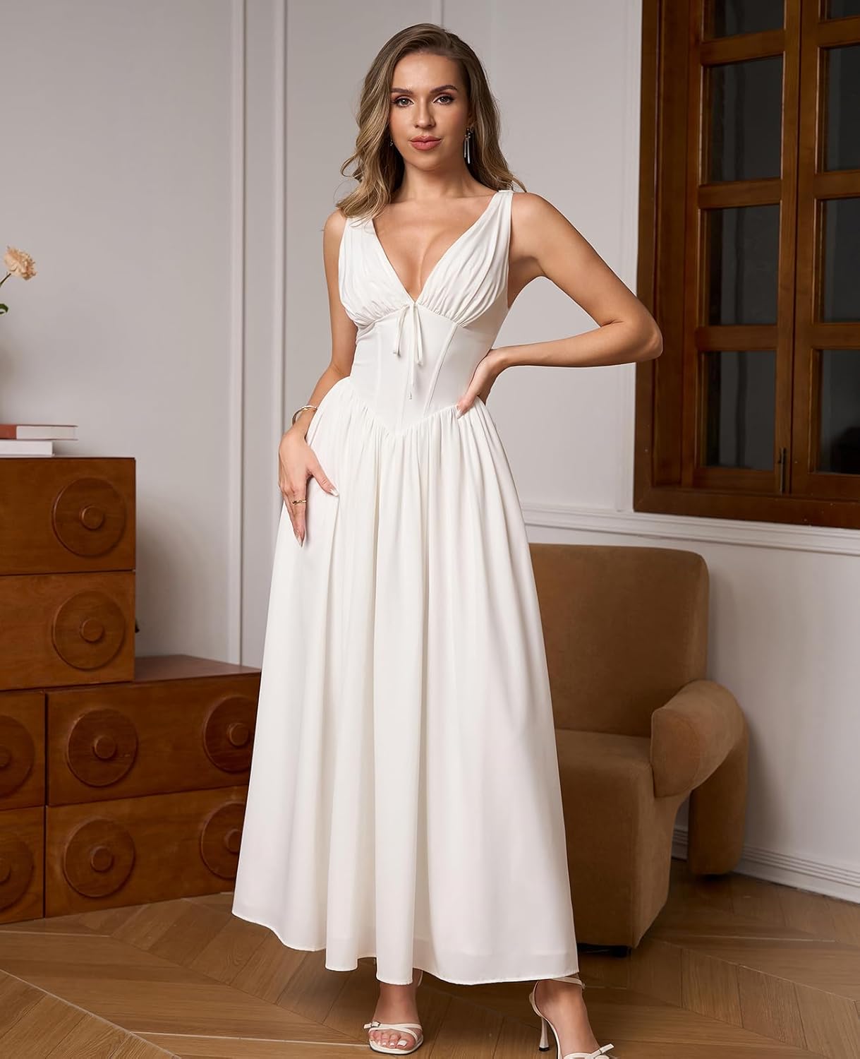 GLNEGE Womens Summer Corset Midi Milkmaid Dress Casual V Neck Flowy A Line Sundress Wedding Guest Dresses with Pockets 2025