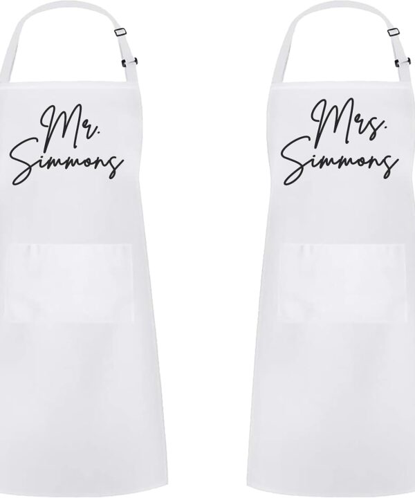 Personalized Mr. & Mrs. Last Name Set of 2 Aprons, Couples Gift, with Two Pockets, Wedding Bridal Shower Gift, Chef Gift, Adjustable Neck Strap for Kitchen, Baking,