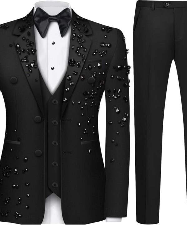 Luxury Men's 2 Piece Suit Slim Fit Solid 2 Button Beads Crystal Party Wedding Tuxedo Suits Blazer Jacket Pants Set