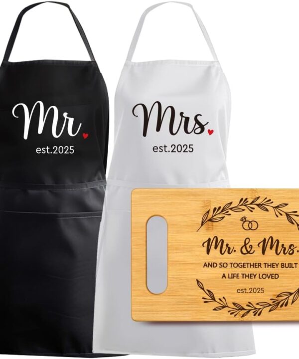 First Christmas Gifts Set for Couples 2025, Mr & Mrs Aprons with Pocket and Cutting Board Warming Kitchen Gifts Set for Newlywed, Christmas Housewarming Gifts