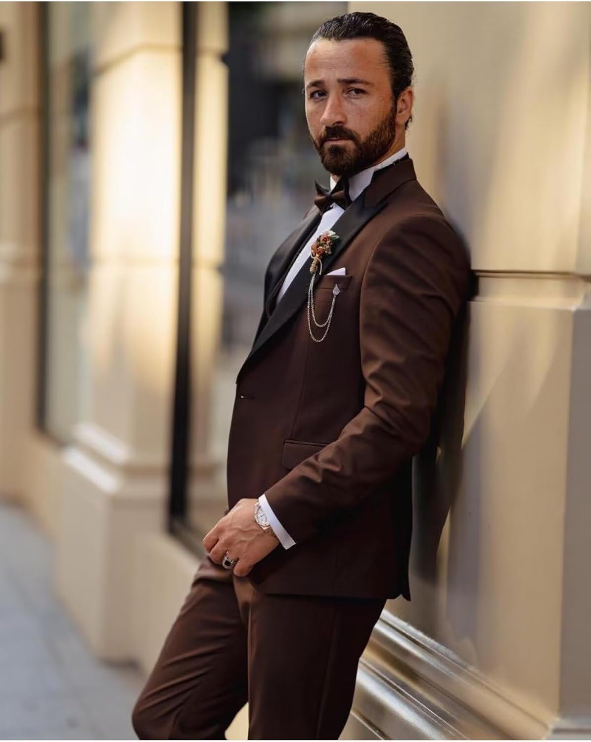 Wangyue Double Breasted Mens Tuxedo Suit Set 3 Piece Wedding Tuxedos for Men Slim Fit Prom Suits Groom Tux with Bow Tie