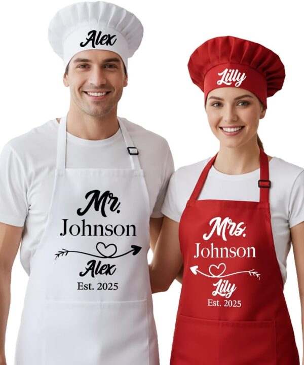 Mr and Mrs Aprons for Couples, Couple Gift for Christmas, Anniversary, Birthday, Valentines Day and Bridal Shower, Custom Wedding Gifts for Couples, Kitchen Cooking Chef Aprons and Chef Hats with Name