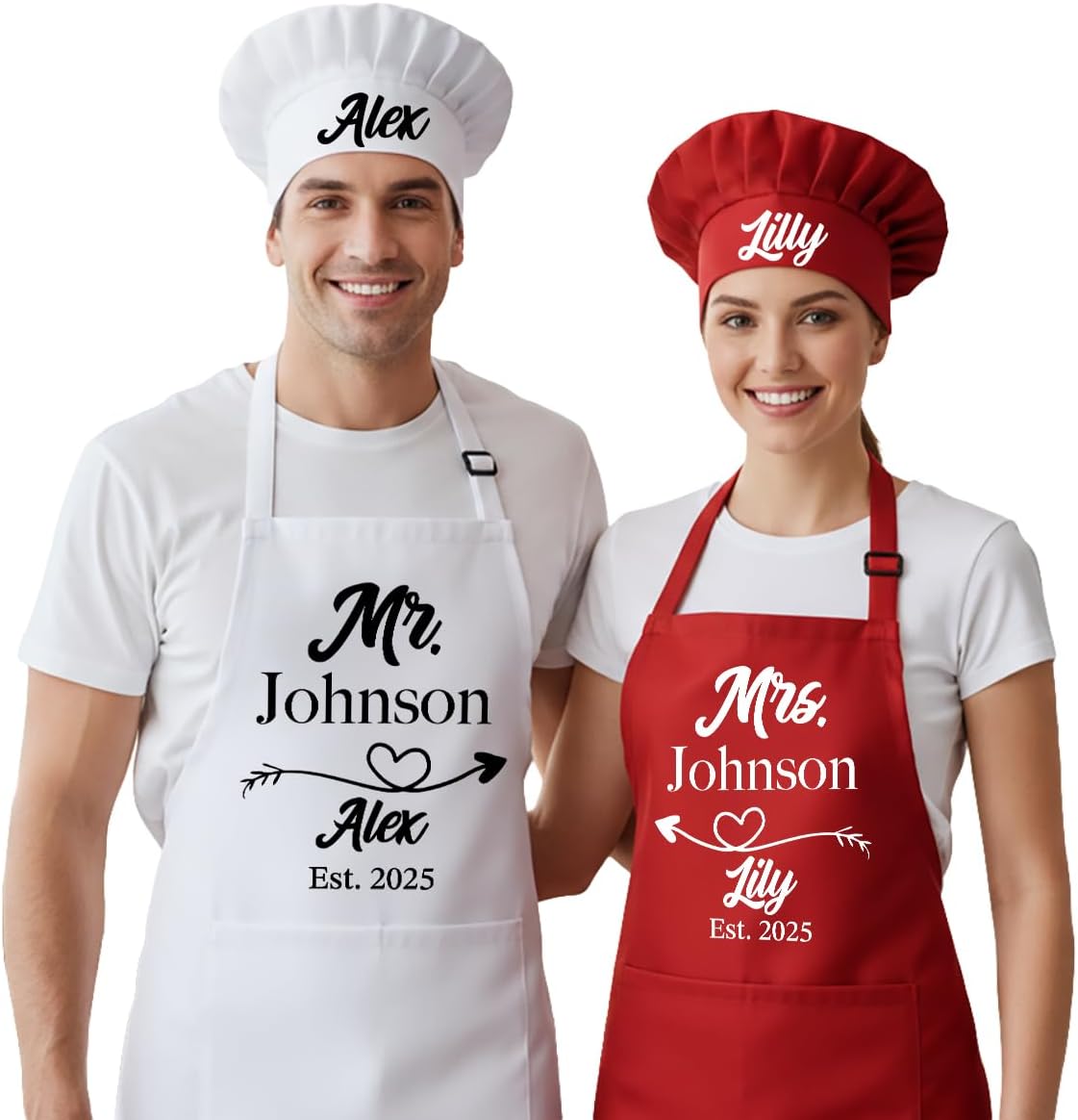 Mr and Mrs Aprons for Couples, Couple Gift for Christmas, Anniversary, Birthday, Valentines Day and Bridal Shower, Custom Wedding Gifts for Couples, Kitchen Cooking Chef Aprons and Chef Hats with Name