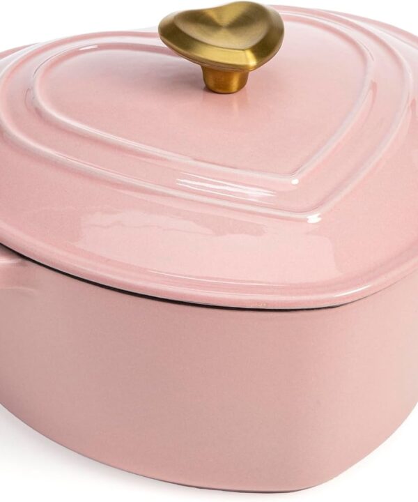 Paris Hilton Enameled Cast Iron Dutch Oven Heart-Shaped Pot with Lid, Dual Handles, Works on All Stovetops, Oven Safe to 500°F, 2-Quart, Pink