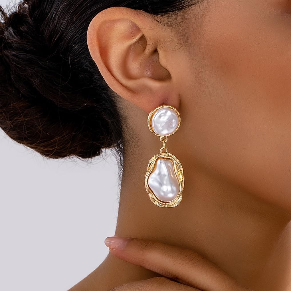 Gold Pearl Statement Earrings for Women,Vintage Large Baroque Pearl Dangle Drop Earrings,Trendy Formal Prom Party Bride Earrings for Wedding