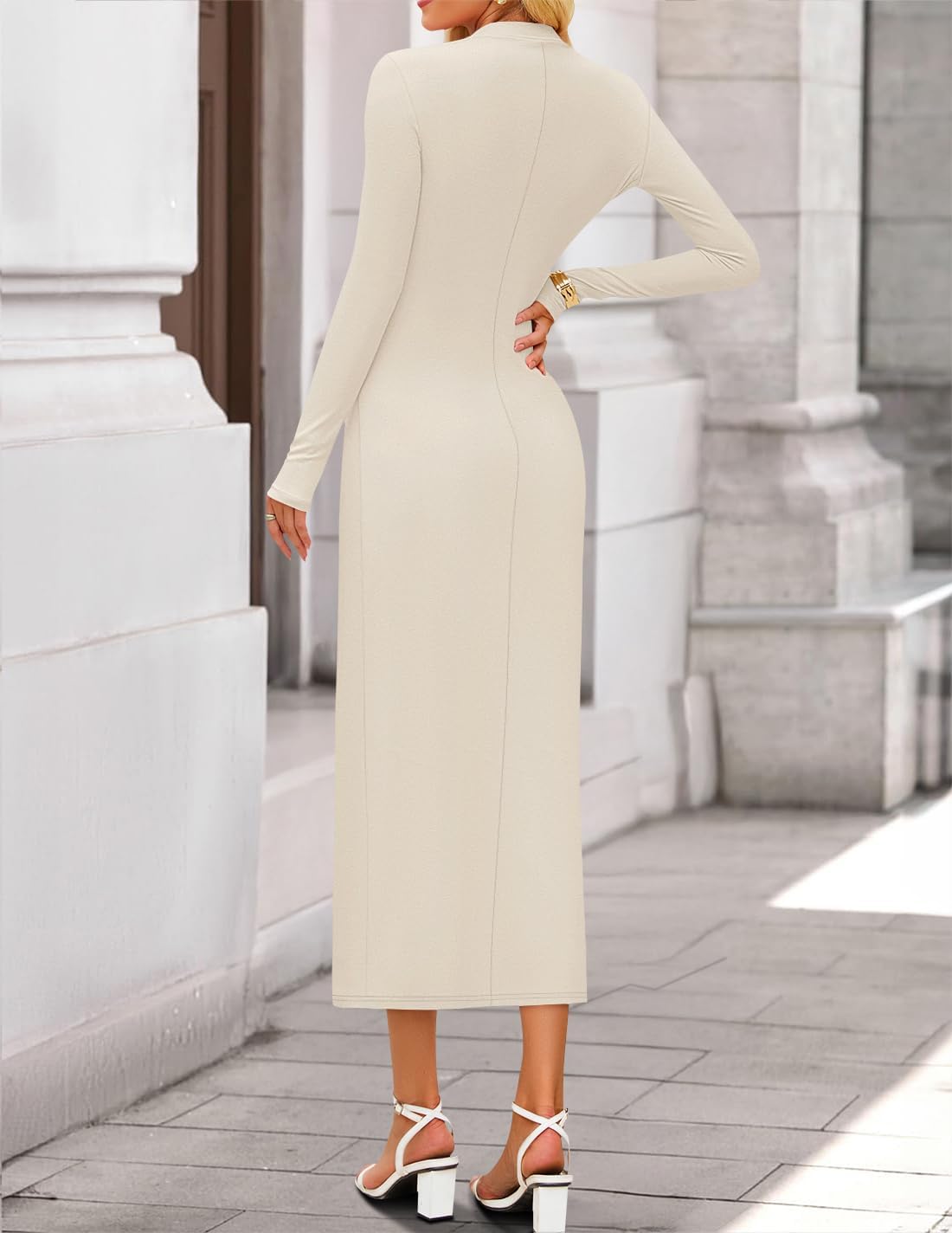 ZESICA Womens 2025 Fall Long Sleeve Mock Neck Bodycon Midi Dress Ruched Knit Elegant Party Cocktail Formal Dresses