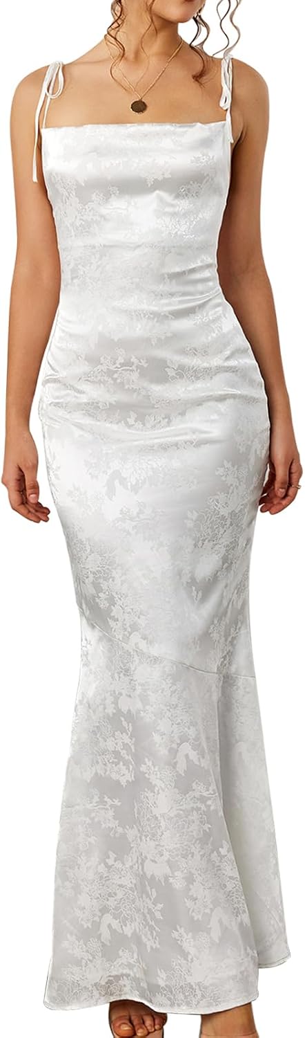 GLNEGE Women's Satin Bodycon Maxi Dress Elegant Formal Spaghetti Strap Cowl Neck Evening Party Dresses