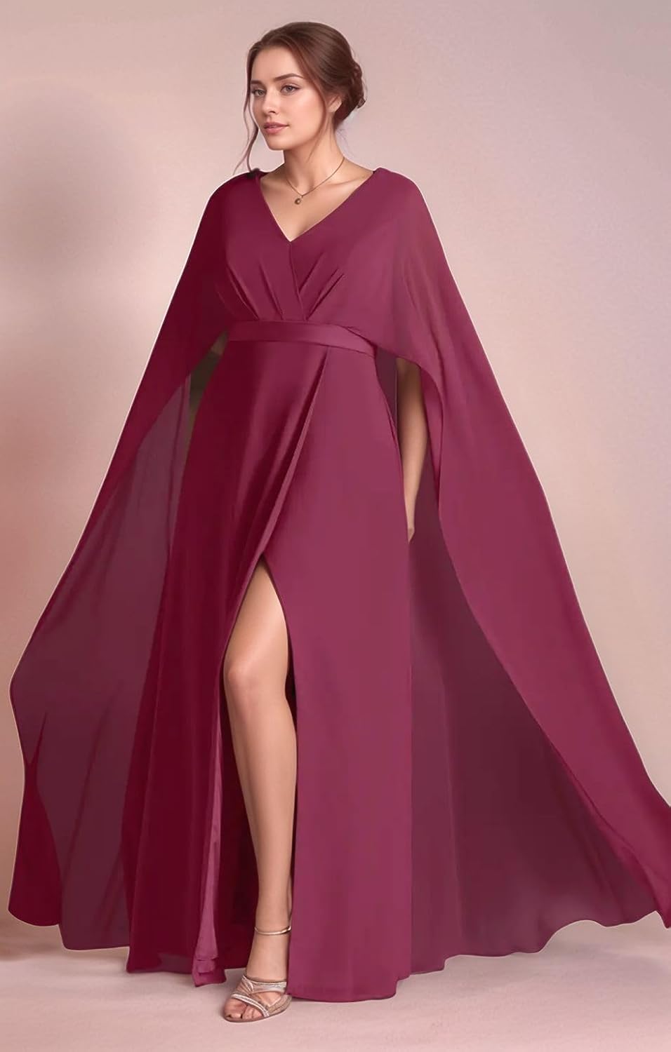 2025 Elegant Cape Sleeve Mother of The Bride Dresses A-Line Long Chiffon V-Neck Wedding Guest Gowns with Slit