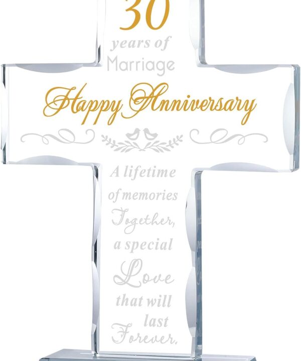 YWHL 30 Years Anniversary Cross Gifts for Wife Him Her, 30th Wedding Anniversary Meaningful Gifts for Couples, Glass Cross Keepsake with Standing Base, 30 Years of Marriage Gift