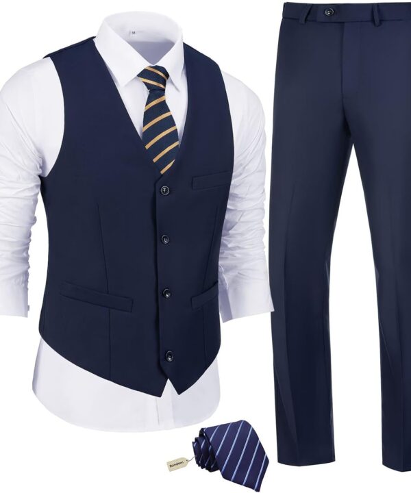 JPF Men's 2 Piece Slim Fit Suit Set, Solid Vest and Pants Suit for Men with Tie
