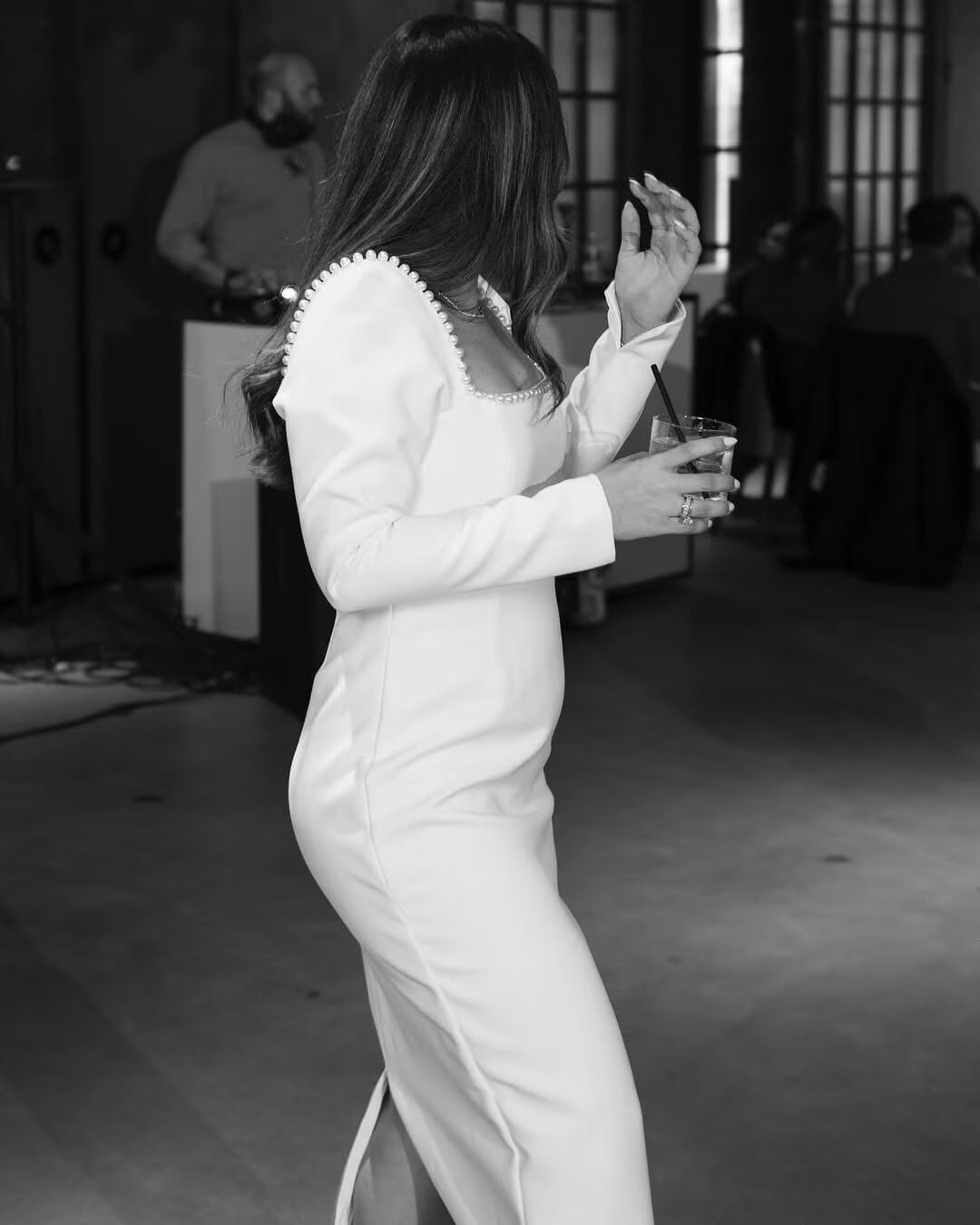 Womens Long Sleeve Wedding Dress for Bride 2025 Pearls Square Neck Satin Midi Bridal Gowns